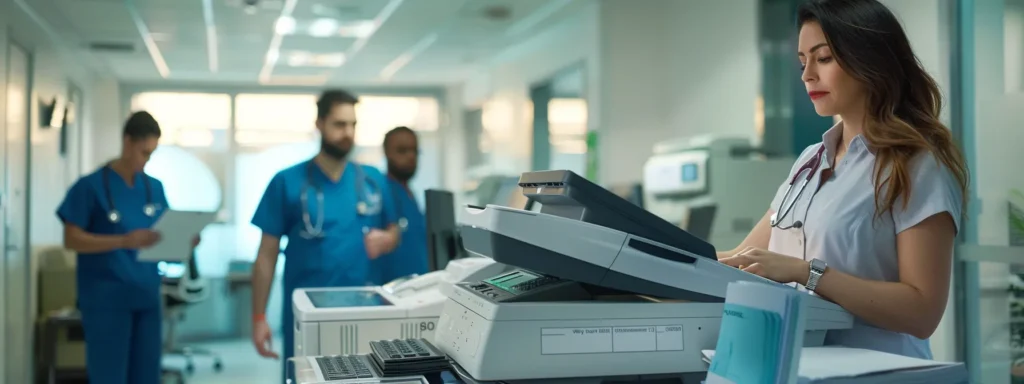 A woman in a blue uniform operates a printer, demonstrating the use of a fax service API in her work environment.