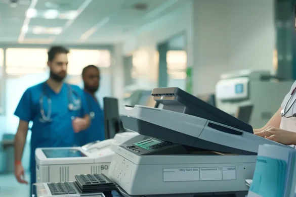 A woman in a blue uniform operates a printer, demonstrating the use of a fax service API in her work environment.